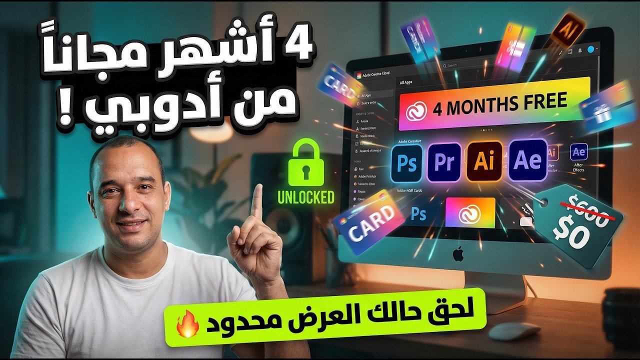 فترة التجربة العادية من أدوبي هي 7 أيام — هذا الرابط يمنحك 4 أشهر مجاناً